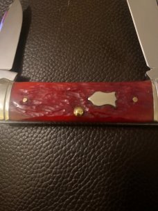 1997 Crandall Bradford Pa Beautiful Red Bone Handle Canoe With Dimpled Bolsters & Two Blades 1997 Crandall Bradford Pa Beautiful Red Bone Handle Canoe With Dimpled Bolsters & Two Blades