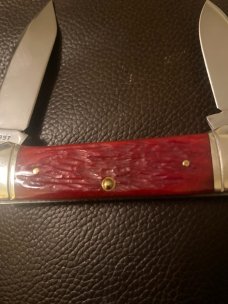 1997 Crandall Bradford Pa Beautiful Red Bone Handle Canoe With Dimpled Bolsters & Two Blades 1997 Crandall Bradford Pa Beautiful Red Bone Handle Canoe With Dimpled Bolsters & Two Blades