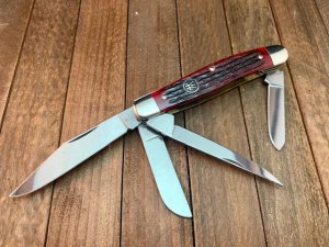 Henckels Made by Boker 4 Blade Stockman Crimson Red Rope Jigged Bone