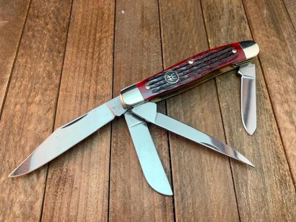 Henckels Made by Boker 4 Blade Stockman Crimson Red Rope Jigged Bone Henckels Made by Boker 4 Blade Stockman Crimson Red Rope Jigged Bone