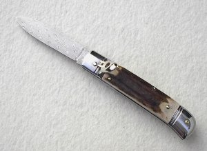 NOS 8" CLASSIC F.lli BELTRAME STAG LEVERLOCK 300 LAYERS DAMASCUS CARBON STEEL BLADE MANIAGO ITALY