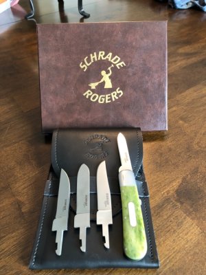 Schrade Rogers Custom Shop Blade Changer Knife -USA Made- Smooth Green Bone - Mother of Pearl Inlay