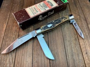 Schatt and Morgan Reverse Gunstock Stockman Carmel Jigged Bone 