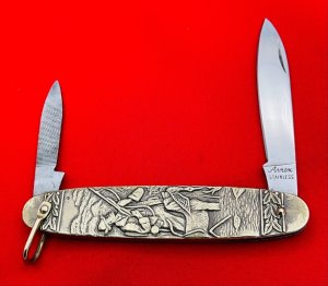 Vintage **MINT** ARNEX STAINLESS 2-Blade Brass Figural Shadow Pen Folding Pocket Knife Post 1940