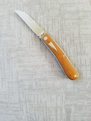 Bobby Toole Custom Dogleg Shadow Knife, natural burlap micarta,New, CPM-154 ,4" clsd, coa & pouch 