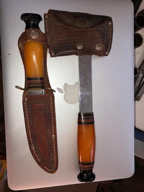 Kinfolks "MY65" Axe and Hatchet combo, Butterscotch Handles and Bakelite pommels Kinfolks "MY65" Axe and Hatchet combo, Butterscotch Handles and Bakelite pommels