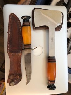 Kinfolks "MY65" Axe and Hatchet combo, Butterscotch Handles and Bakelite pommels Kinfolks "MY65" Axe and Hatchet combo, Butterscotch Handles and Bakelite pommels