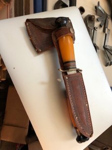 Kinfolks "MY65" Axe and Hatchet combo, Butterscotch Handles and Bakelite pommels Kinfolks "MY65" Axe and Hatchet combo, Butterscotch Handles and Bakelite pommels