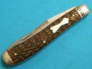 VINTAGE ANTIQUE JIGGED BONE SCHRADE CUT CO WALDEN PRE '46 LIGHT TRAPPER KNIFE KNIVES OLD