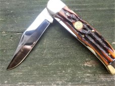 CANAL STREET ITEM #212309 HUGE 5 1/4 INCH FOLDING HUNTER DARK  CARVED AMBER STAG BONE 420 STAINLESS