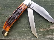 CANAL STREET ITEM #212309 HUGE 5 1/4 INCH FOLDING HUNTER DARK CARVED AMBER STAG BONE 420 STAINLESS CANAL STREET ITEM #212309 HUGE 5 1/4 INCH FOLDING HUNTER DARK CARVED AMBER STAG BONE 420 STAINLESS