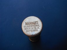 ORIGINAL MARBLE'S GLADSTONE MICH. METAL MATCH SAFE HOLDER PAT'D 1900 ORIGINAL MARBLE'S GLADSTONE MICH. METAL MATCH SAFE HOLDER PAT'D 1900