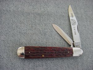 Vintage Queen City Large 4 1/2", Etched, Jigged Bone Handles Farmer's Jack Pocket Knife