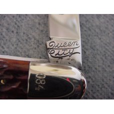 Vintage Queen City Large 4 1/2", Etched, Jigged Bone Handles Farmer's Jack Pocket Knife