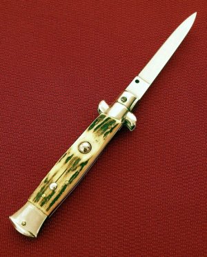 Italian Style Design AUTOMATIC / SWITCHBLADE Genuine Stag Swivel Bolster Release 8 3/4" Knife 1980's