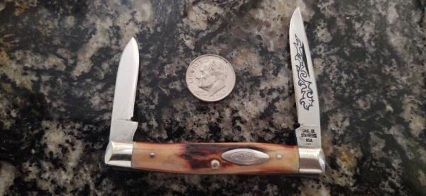 Case XX Stainless USA 3 Dot (1977) Stag 5233 SSP Blue Scroll Pen Knife Case XX Stainless USA 3 Dot (1977) Stag 5233 SSP Blue Scroll Pen Knife