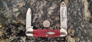 Case XX USA 3 Dot 1977 Pretty Red Jigged Bone 62131 Etched Canoe Knife