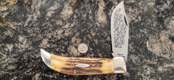 Case XX Hand Made USA 3 Dot (1977) Stag 5172 SSP Blue Scroll Clasp Knife Case XX Hand Made USA 3 Dot (1977) Stag 5172 SSP Blue Scroll Clasp Knife