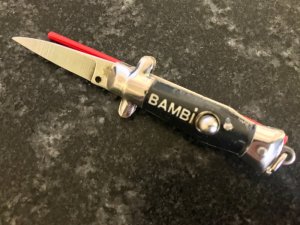 Miniature (Mini) Switchblade Keychain Knife, Made By Farfalli, Black Bambi Marked Handle, Used