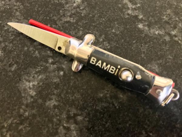 Miniature (Mini) Switchblade Keychain Knife, Made By Farfalli, Black Bambi Marked Handle, Used Miniature (Mini) Switchblade Keychain Knife, Made By Farfalli, Black Bambi Marked Handle, Used