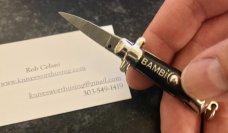 Miniature (Mini) Switchblade Keychain Knife, Made By Farfalli, Black Bambi Marked Handle, Used Miniature (Mini) Switchblade Keychain Knife, Made By Farfalli, Black Bambi Marked Handle, Used
