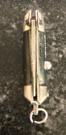 Miniature (Mini) Switchblade Keychain Knife, Made By Farfalli, Black Bambi Marked Handle, Used Miniature (Mini) Switchblade Keychain Knife, Made By Farfalli, Black Bambi Marked Handle, Used