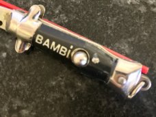 Miniature (Mini) Switchblade Keychain Knife, Made By Farfalli, Black Bambi Marked Handle, Used Miniature (Mini) Switchblade Keychain Knife, Made By Farfalli, Black Bambi Marked Handle, Used