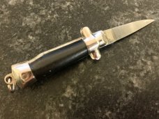 Miniature (Mini) Switchblade Keychain Knife, Made By Farfalli, Black Bambi Marked Handle, Used Miniature (Mini) Switchblade Keychain Knife, Made By Farfalli, Black Bambi Marked Handle, Used