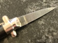 Miniature (Mini) Switchblade Keychain Knife, Made By Farfalli, Black Bambi Marked Handle, Used Miniature (Mini) Switchblade Keychain Knife, Made By Farfalli, Black Bambi Marked Handle, Used