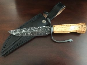 Feathered “W” blade, Karelian Birch handle, extended wrought iron guard, USA maker with sheath