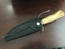 Feathered “W” blade, Karelian Birch handle, extended wrought iron guard, USA maker with sheath Feathered “W” blade, Karelian Birch handle, extended wrought iron guard, USA maker with sheath