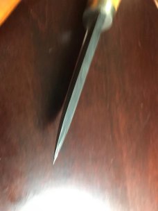 Puukko Knife with feathered “W” Damascus pattern, curly maple handle and sheath, USA MAKER Puukko Knife with feathered “W” Damascus pattern, curly maple handle and sheath, USA MAKER