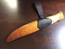 Puukko Knife with feathered “W” Damascus pattern, curly maple handle and sheath, USA MAKER Puukko Knife with feathered “W” Damascus pattern, curly maple handle and sheath, USA MAKER