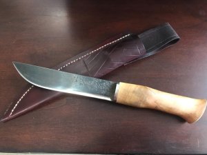 Large Leuko Knife, blued “shear” steel blade and custom fit sheath included USA maker