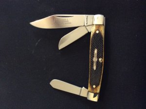 RUSSELL GREEN RIVER WORKS SOLINGEN GERMANY BEAUTIFUL SAWCUT BONE HANDLE WITH THREE BLADES & SHEILD