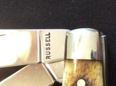 RUSSELL GREEN RIVER WORKS SOLINGEN GERMANY BEAUTIFUL SAWCUT BONE HANDLE WITH THREE BLADES & SHEILD RUSSELL GREEN RIVER WORKS SOLINGEN GERMANY BEAUTIFUL SAWCUT BONE HANDLE WITH THREE BLADES & SHEILD