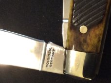 RUSSELL GREEN RIVER WORKS SOLINGEN GERMANY BEAUTIFUL SAWCUT BONE HANDLE WITH THREE BLADES & SHEILD RUSSELL GREEN RIVER WORKS SOLINGEN GERMANY BEAUTIFUL SAWCUT BONE HANDLE WITH THREE BLADES & SHEILD