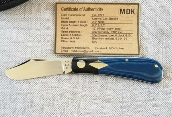 Michael du Pleesis Lanny Clip Knife,3.5"  Blue Linen Micarta, black g10 and N690,coa slip new