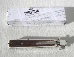NEW A.G.A. CAMPOLIN 9" DOMINUS GENUINE STAG LEVER LOCK, NICKEL SILVER BOLSTERS - WITH BOX