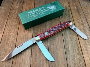 Hen and Rooster Stockman Red Jigged Bone