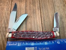 Hen and Rooster Stockman Red Jigged Bone