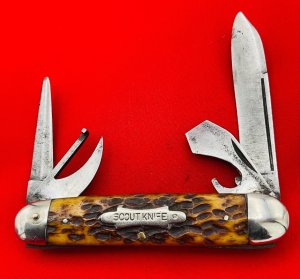 Unknown but Not Unbranded 4-Blade Camp/UtIlity Unofficial Scout Folding Pocket Knife Jigged Bone