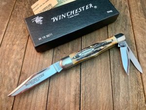 Winchester By Queen Split Back Spring Whittler Stag Handles