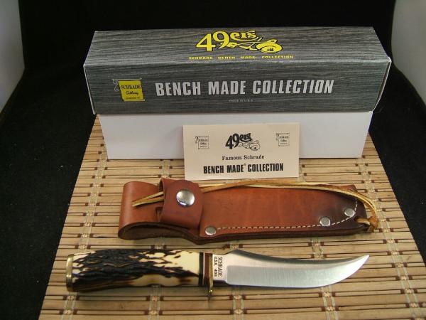 SCHRADE 498S 49'ERS GOLD RUSH "BENCH MADE COLLECTION" USA VINT.  MINT BOX, SLEEVE, SHEATH & PAPERS 