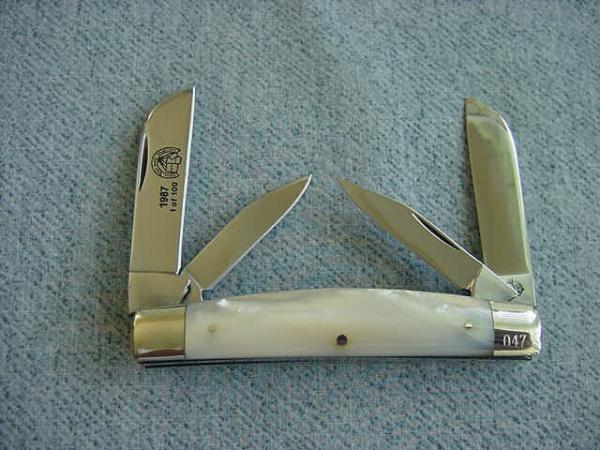 Vintage QUEEN(Crown), Large 4", 4-Blade, Etched, Pearl Handle Congress Pattern Pocket Knife Vintage QUEEN(Crown), Large 4", 4-Blade, Etched, Pearl Handle Congress Pattern Pocket Knife