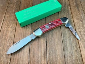 Hen and Rooster Red Jigged Bone Canoe Solingen Germany Bertram Cutlery
