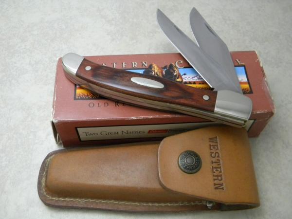 Western Coleman USA W062 Wood 2 Blade Folding Hunter Knife in Box w/Sheath 1985