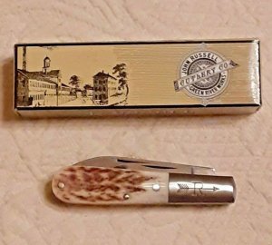 VINTAGE GREEN RIVER WORKS 2 BLADE RUSSELL BARLOW WITH STAG HANDLES NEW IN BOX