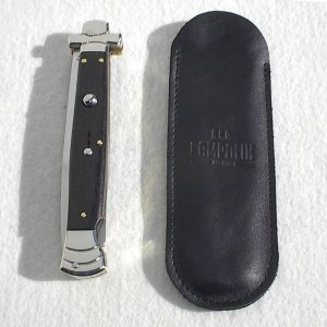 A.G.A. CAMPOLIN 11" MALTESE AFRICAN EBONY WOOD STILETTO NICKEL SILVER BOLSTERS, LEATHER POUCH