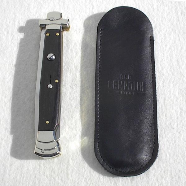 A.G.A. CAMPOLIN 11" MALTESE AFRICAN EBONY WOOD STILETTO NICKEL SILVER BOLSTERS, LEATHER POUCH